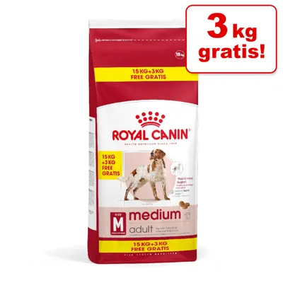 Sac hrană uscată Royal Canin medium adult, 15 kg + 3 kg gratis, pentru câini de talie medie. Text vizibil: 3 kg gratis!, 15 kg + 3 kg free gratis, size M, adult.