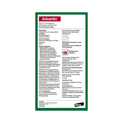 Advantix Spot-on Lösung für Hunde bis 4 kg. Wirkstoffe: Imidacloprid, Permethrin. Anwendungshinweise und Warnungen: Nicht bei Katzen anwenden. Hersteller: Elanco Tiermedizin.