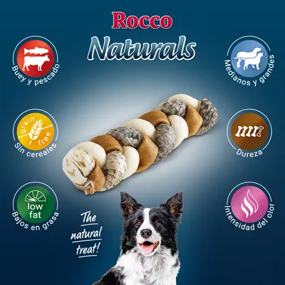 Rocco Naturals, snack trenzado de buey y pescado. Sin cereales, bajos en grasa. Para perros medianos y grandes. Dureza e intensidad del olor indicadas con iconos.