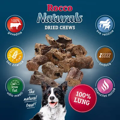 Rocco Naturals Dried Chews, 100% govedina, bez žitarica, udio masti low fat, tvrdoća, intenzitet mirisa, za sve veličine pasa, 100% LUNG. Prikaz sušenih komada i psa.