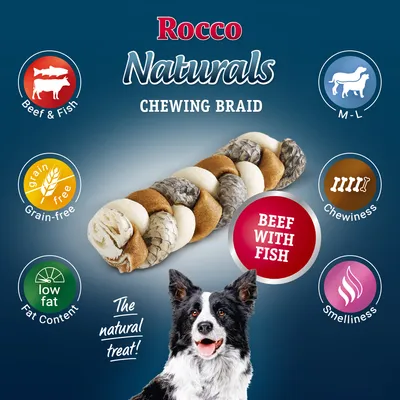 Chewing braid with beef and fish, grain-free, low fat, suitable for medium to large pets, highlights chewiness and smelliness. Text: Beef with Fish, The natural treat.