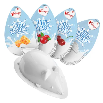 Feringa Little Mouse Milk Snack, 20 ml, varieties: honey, cherry, yoghurt. Drop-shaped packaging and mouse-shaped container visible.