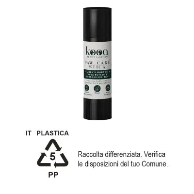 kooa Paw Care Stick, etichetta con oli di iperico, burro di karité, micro silver BG. Indicazioni: plastica 5 PP, raccolta differenziata, verifica disposizioni del tuo Comune.
