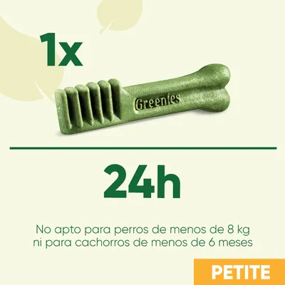 Greenies Petite: 1 unidad cada 24 h. No apto para perros de menos de 8 kg ni cachorros de menos de 6 meses.