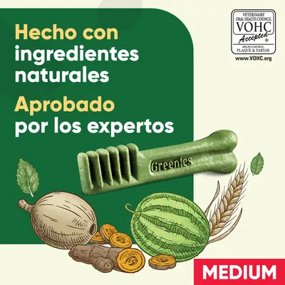 Hecho con ingredientes naturales. Aprobado por los expertos. Greenies. Sello VOHC Accepted. MEDIUM.