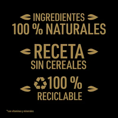 Ingredientes 100 % naturales, receta sin cereales, 100 % reciclable, con vitaminas y minerales.