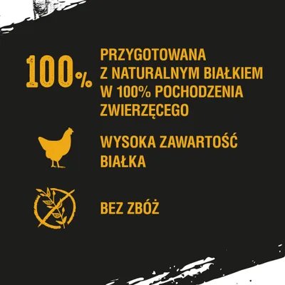 100% przygotowana z naturalnym białkiem w 100% pochodzenia zwierzęcego, wysoka zawartość białka, bez zbóż