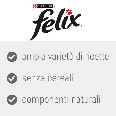 Purina Felix: ampia varietà di ricette, senza cereali, componenti naturali