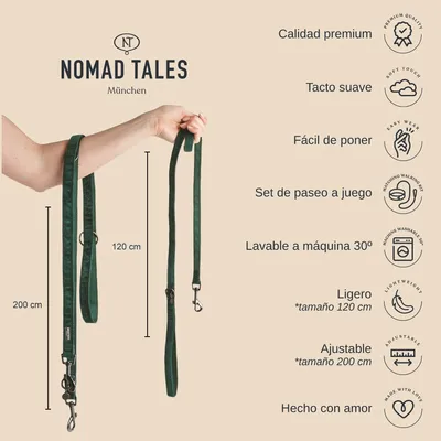 Correa Nomad Tales München, verde, longitudes 120 cm y 200 cm. Texto: calidad premium, tacto suave, fácil de poner, set de paseo a juego, lavable a máquina 30º, ligero, ajustable, hecho con amor. Correa Nomad Tales München, verde, longitudes 120 cm y 200 cm. Texto: calidad premium, tacto suave, fácil de poner, set de paseo a juego, lavable a máquina 30º, ligero, ajustable, hecho con amor.
