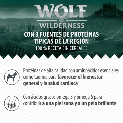 Wolf of Wilderness. Con 3 fuentes de proteínas típicas de la región. 100 % receta sin cereales. Proteínas de alta calidad, taurina, omega 3 y 6 para bienestar general, piel sana y pelo brillante.