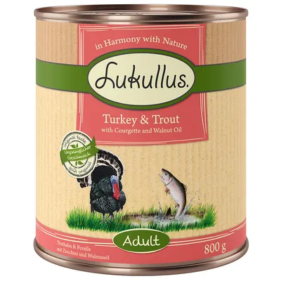 Lukullus Adult pavo y trucha con calabacín y aceite de nuez, lata de 800 g. Sabor original, Original Taste.