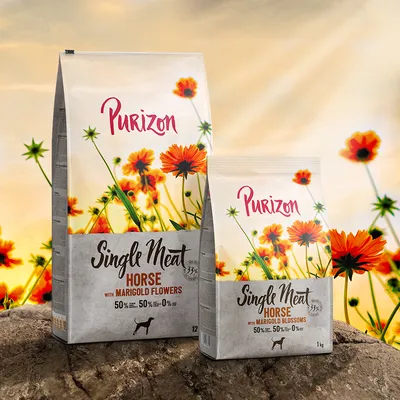 Purizon Single Meat Horse mit Ringelblumen, 50% Fleisch, 50% Gemüse, 0% Getreide. Verpackung in 12kg und 1kg Grössen.