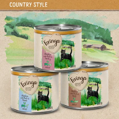 Feringa Country Style kattefoder til voksne, varianter: kylling med svin & kalkun, kylling med svin & ørred, kylling med svin & oksekød, 200g dåse.