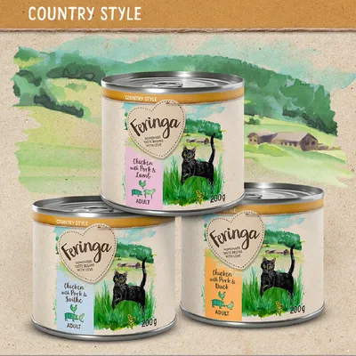Feringa Country Style vådfoder til katte, varianter: kylling med svinekød og lam, kylling med svinekød og and, kylling med svinekød og sauteret. 200g dåser til voksne katte.