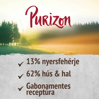 Purizon. 13% nyersfehérje, 62% hús & hal, gabonamentes receptúra