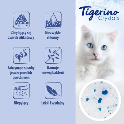 Tigerino Crystals: zbrylający się żwirek silikatowy, niezwykle chłonny, zatrzymuje zapachy, hamuje rozwój bakterii, niepylący, lekki i wydajny. Widoczne kryształki żwirku.