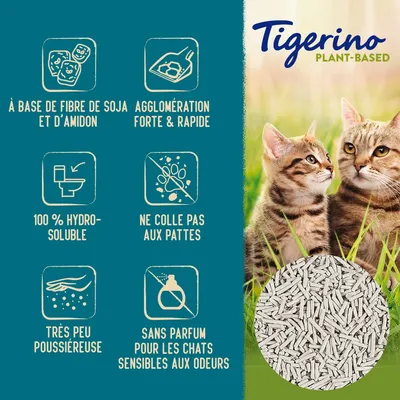 Tigerino Plant-Based, à base de fibre de soja et d’amidon, agglomération forte et rapide, 100 % hydrosoluble, ne colle pas aux pattes, très peu poussiéreuse, sans parfum pour chats sensibles.
