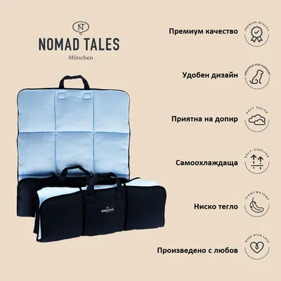 Nomad Tales München постелка, разгъната и сгъната. Видим текст: Премиум качество, Удобен дизайн, Приятна на допир, Самоохлаждаща, Ниско тегло, Произведено с любов.