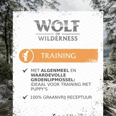 Wolf of Wilderness Training. Met algenmeel en waardevolle groenlipmossel: ideaal voor training met puppy's. 100% graanvrij receptuur.
