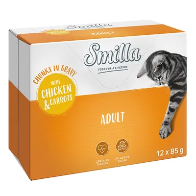 Smilla Adult, chunks in gravy with chicken & carrots, contient de la taurine, sans sucre ajouté, 12 x 85 g. Texte en anglais sur l’emballage.