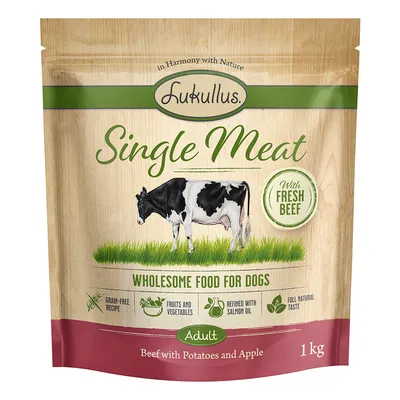 Lukullus Single Meat Adult, täysravinto koirille, tuoretta naudanlihaa, perunaa ja omenaa. Viljaton, sisältää hedelmiä ja vihanneksia, lohiöljyä, luonnollinen maku, 1 kg.