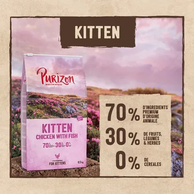 Purizon Kitten Chicken with Fish, 6,5 kg. 70 % d’ingrédients premium d’origine animale, 30 % de fruits, légumes & herbes, 0 % de céréales. Pour chatons.