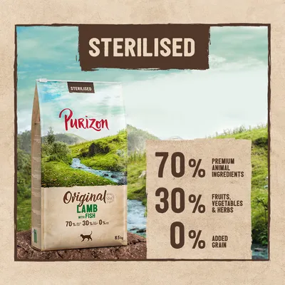 Purizon Original Lamb with Fish Sterilised kattenvoer, 6,5 kg. 70% premium dierlijke ingrediënten, 30% fruit, groenten & kruiden, 0% toegevoegde granen. Tekst in het Engels.