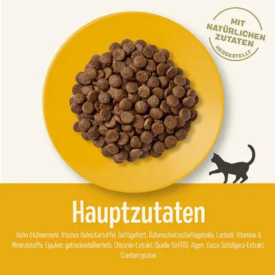 Hauptzutaten: Huhn, Kartoffel, Geflügelfett, Rübenschnitzel, Geflügelsosse, Lachsöl, Vitamine, Mineralstoffe, Bierhefe, Chicorée-Extrakt, Algen, Yucca-Schidigera-Extrakt, Cranberrypulver.