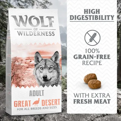 Wolf of Wilderness Great Desert Adult za sve pasmine i veličine, high digestibility, 100% grain-free recipe, with extra fresh meat. Prikaz pakiranja i oblika hrane.