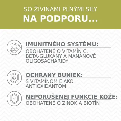 So živinami plnými sily na podporu imunitného systému, ochrany buniek a neporušenej funkcie kože. Obohatené o vitamíny C, E, zinok, biotín, beta-glukány a manánové oligosacharidy.