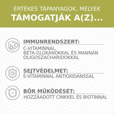 Értékes tápanyagok: immunrendszert C-vitaminnal, béta-glükánokkal és mannán-oligoszacharidokkal; sejtvédelmet E-vitaminnal antioxidánssal; bőr működését cinkkel és biotinnal támogatják.