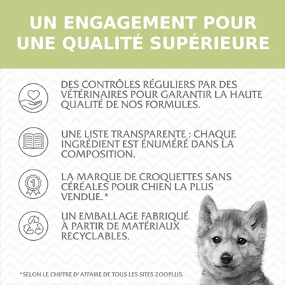 Un engagement pour une qualité supérieure : contrôles vétérinaires, liste transparente des ingrédients, marque de croquettes sans céréales la plus vendue, emballage recyclable.