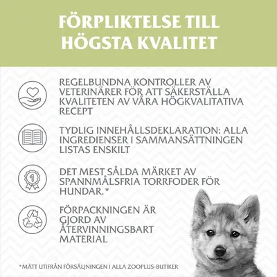 FÖRPLIKTELSE TILL HÖGSTA KVALITET: Regelbundna kontroller av veterinärer, tydlig innehållsdeklaration, mest sålda spannmålsfria torrfodret för hundar, återvinningsbar förpackning.