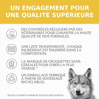 UN ENGAGEMENT POUR UNE QUALITÉ SUPÉRIEURE : contrôles vétérinaires, liste transparente des ingrédients, marque de croquettes sans céréales la plus vendue, emballage recyclable.