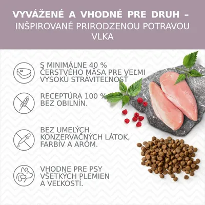 Vyvážené a vhodné pre druh – inšpirované prirodzenou potravou vlka. Minimálne 40 % čerstvého mäsa, bez obilnín, bez umelých konzervantov, vhodné pre psy všetkých plemien.