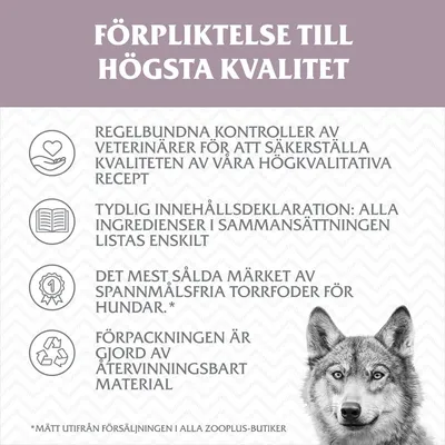 FÖRPLIKTELSE TILL HÖGSTA KVALITET: Regelbundna veterinärkontroller, tydlig innehållsdeklaration, mest sålda spannmålsfria torrfodermärket för hundar, återvinningsbar förpackning.