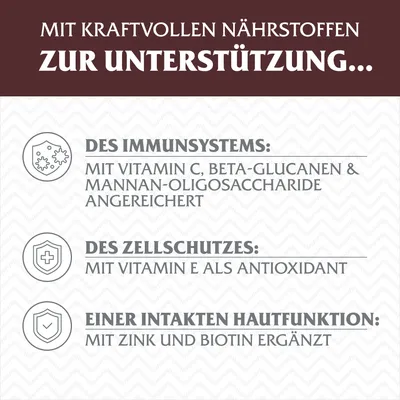 Mit kraftvollen Nährstoffen zur Unterstützung: Immunsystem mit Vitamin C, Beta-Glucanen, Zellschutz mit Vitamin E, Hautfunktion mit Zink und Biotin.