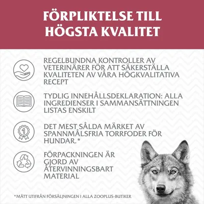FÖRPLIKTELSE TILL HÖGSTA KVALITET: Regelbundna veterinärkontroller, tydlig innehållsdeklaration, mest sålda spannmålsfria torrfodermärket för hundar, återvinningsbar förpackning.