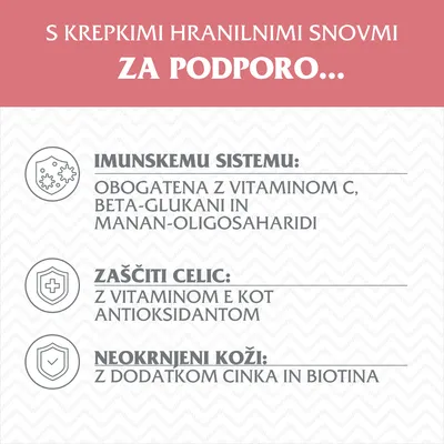 S krepki hranilnimi snovmi za podporo imunskemu sistemu, zaščiti celic in neokrnjeni koži. Vsebuje vitamin C, beta-glukane, manan-oligosaharide, vitamin E, cink in biotin.