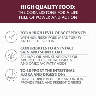 Text v angličtine: High quality food, for a high level of acceptance with 40% fresh pork meat, turkey and trout protein, contributes to an intact skin and shiny coat, to support the intestinal flora and digestion.