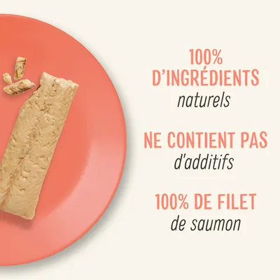 100 % d’ingrédients naturels, ne contient pas d’additifs, 100 % de filet de saumon. Texte en français visible à côté d’un morceau de saumon sur une assiette rose.