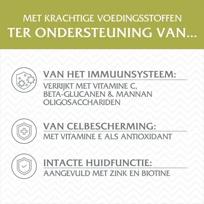 Met krachtige voedingsstoffen ter ondersteuning van het immuunsysteem, celbescherming en huidfunctie. Verrijkt met vitamine C, E, beta-glucanen, mannan-oligosacchariden, zink en biotine.