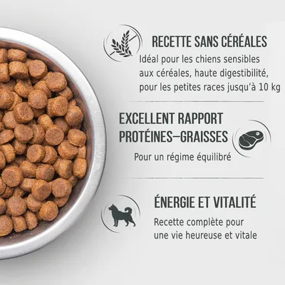 Recette sans céréales, idéal pour chiens sensibles, petites races jusqu’à 10 kg. Excellent rapport protéines–graisses. Énergie et vitalité, recette complète.