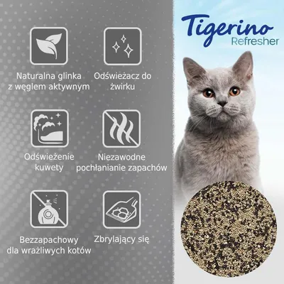 Tigerino Refresher. Naturalna glinka z węglem aktywnym, odświeżacz do żwirku, odświeżenie kuwety, niezawodne pochłanianie zapachów, bezzapachowy dla wrażliwych kotów, zbrylający się.