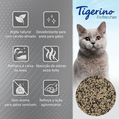 Tigerino Refresher. Argila natural com carvão ativado, desodorizante para areia de gatos, refresca a caixa, absorção de odores extra forte, sem aroma, reforça ação aglomerante.