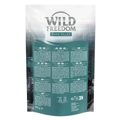 Wild Freedom Pure Fillet, Einzelfuttermittel für Katzen, 100g. Analyse: Protein 26%, Fettgehalt 0,5%, Rohasche 1%, Feuchtigkeit 72%. Verpackung aus Plastik, leicht zu entsorgen.