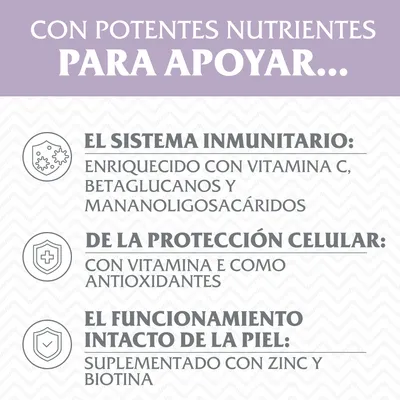 Con potentes nutrientes para apoyar el sistema inmunitario, protección celular y funcionamiento intacto de la piel. Enriquecido con vitamina C, E, betaglucanos, mananooligosacáridos, zinc y biotina.