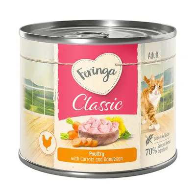 Boîte Feringa Classic Adult, volaille avec carottes et pissenlit, 70 % ingrédients animaux sélectionnés, sans céréales, image de chat et morceaux de viande sur l’étiquette.