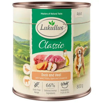 Lukullus Classic Adult, kačica a teľa s batátom, jablkom a ľanovým olejom. Bezobilninová receptúra, 66 % vybraných živočíšnych zložiek, zelenina, ovocie a oleje. 800g konzerva.