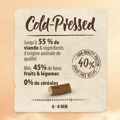Cold-Pressed. Jusqu’à 55 % de viande et ingrédients d’origine animale, min. 45 % fruits et légumes, 0 % céréales, 40 % high-quality protein grain-free recipe, taille 6–8 mm.